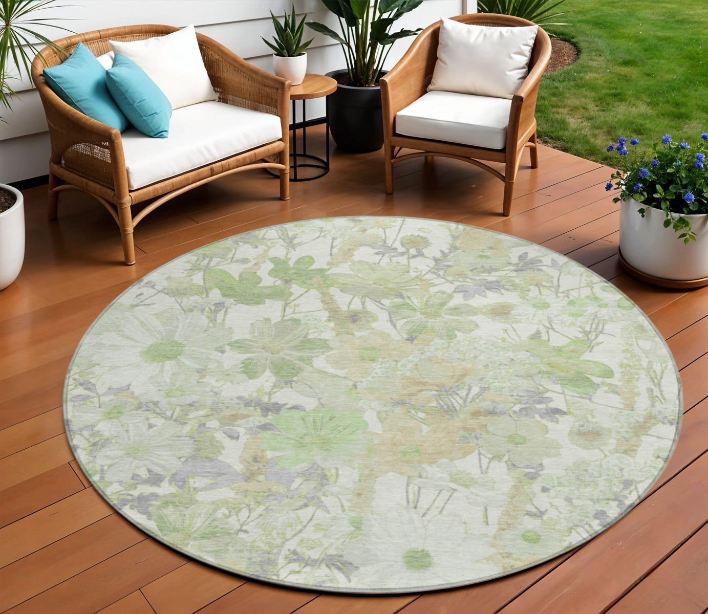 8 Artichoke Green Lavender And Beige Round Floral Washable Indoor Outdoor Area Rug