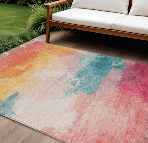 10 X 14 Pink Gold And Teal Blue Abstract Washable Indoor Outdoor Area Rug