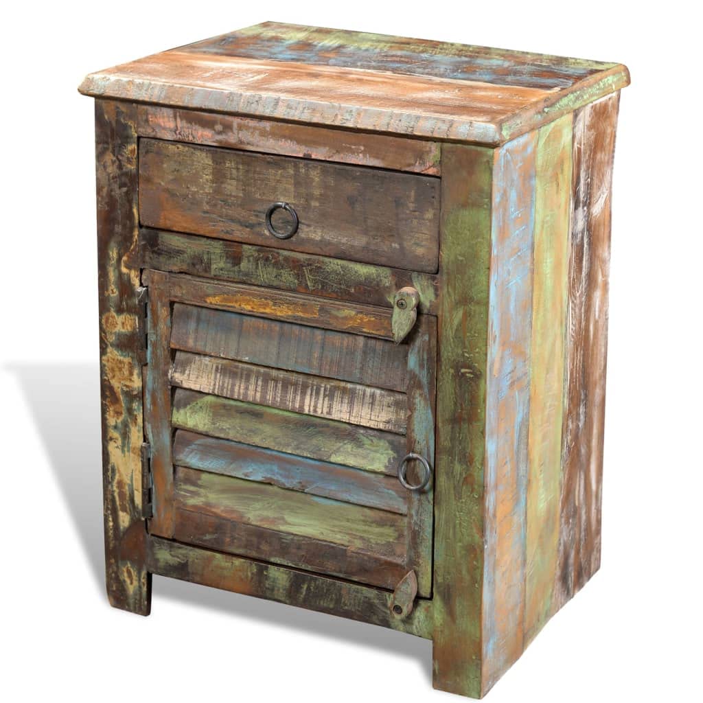 vidaXL End Table with 1 Drawer and 1 Door, Handmade Antique-Style Cabinet with Iron Ring Pulls, Solid Reclaimed Wood, 17.7''x13''x21.7'', Multicolor