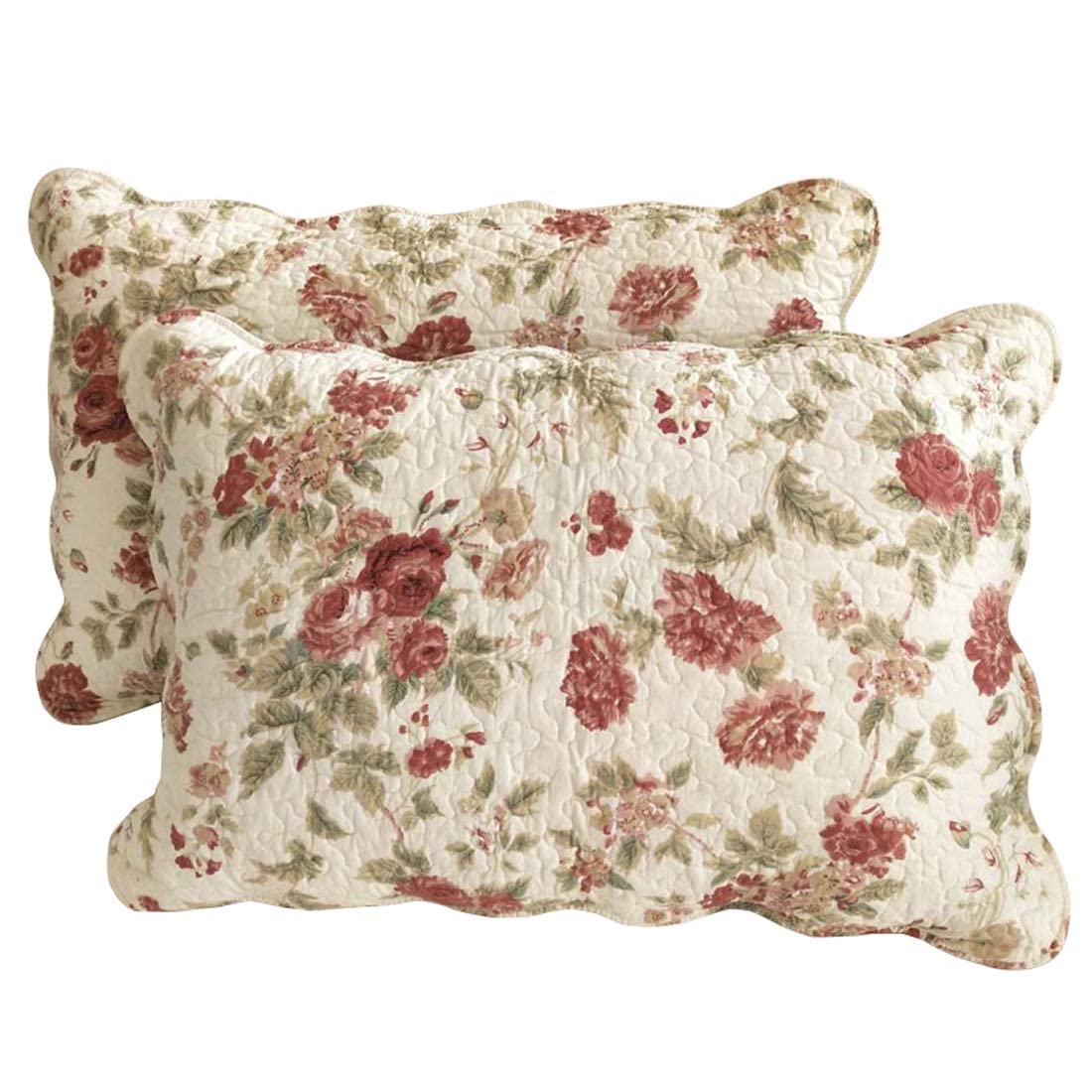 Vctops Boho Floral Patchwork Pillow Shams Pack Of 2 Farmhouse 100% Cotton Quilted Soft Decorative Pillow Cases Set (Flower,Queen