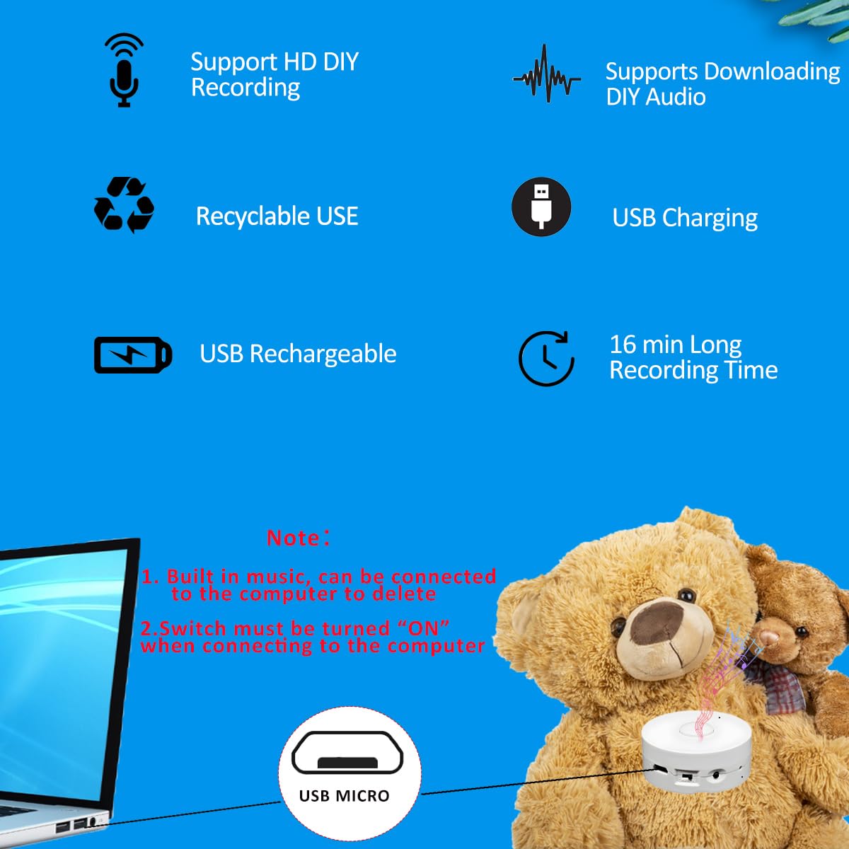 Jrgkjcp 16 Minutes Voice Recorder, Record Custom Message For Plush Toy, Stuffed Bear Toy, Baby Doll Toy, And Pillow