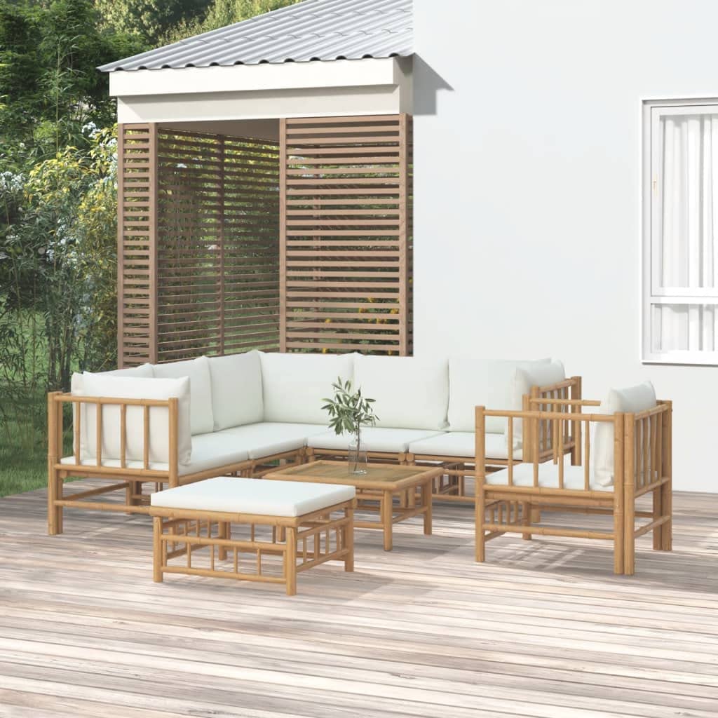 vidaXL 8 Piece Patio Lounge Set with Cream White Cushions Bamboo