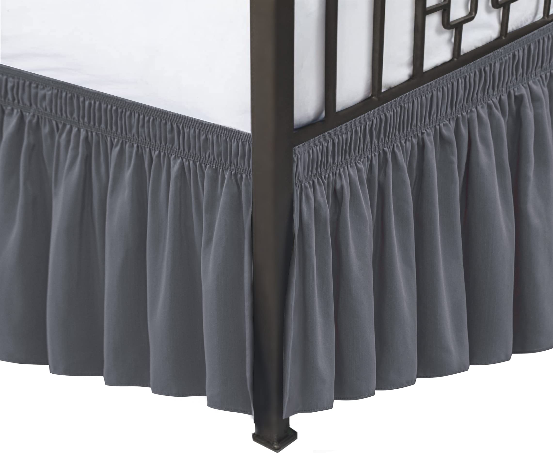 Biscaynebay Wrap Around Bed Skirts With Split Corners For King Beds 15' Drop, Dark Grey Adjustable Elastic Dust Ruffles Easy Fi