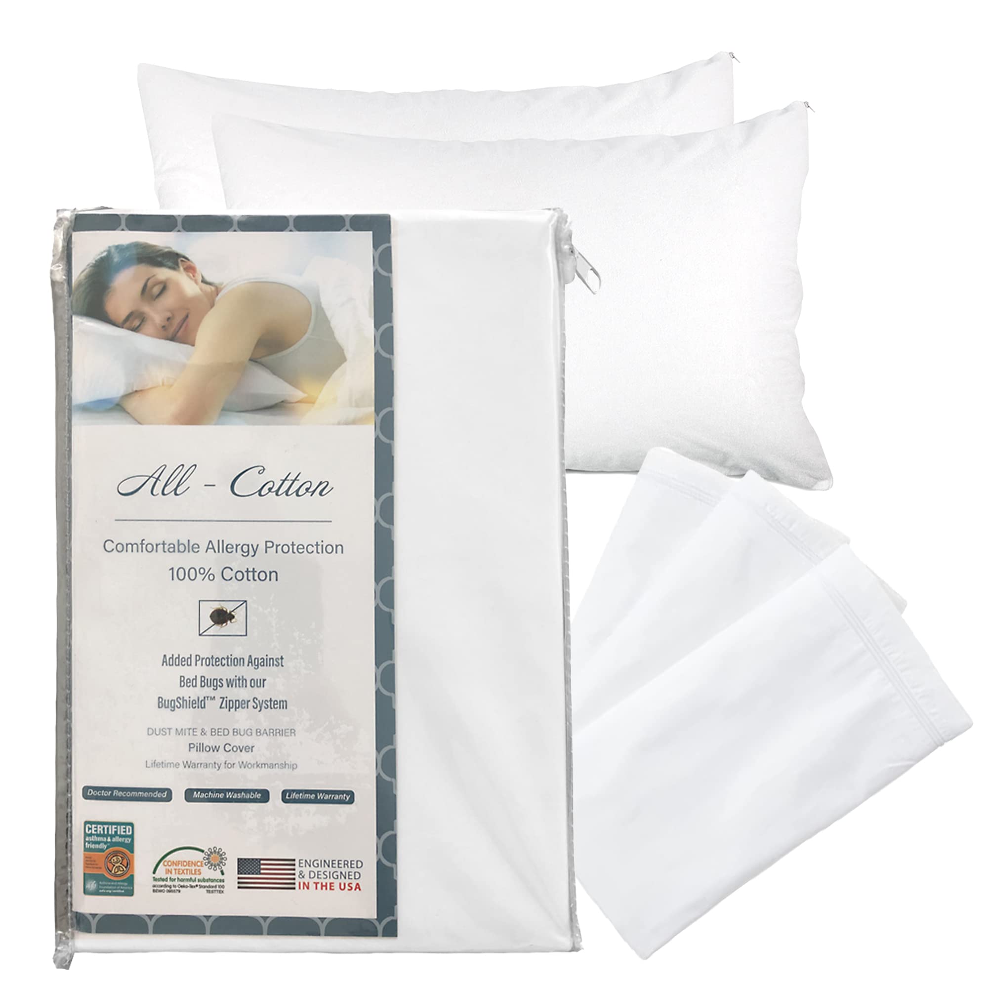 National Allergy Premium 100% Cotton Zippered Pillow Protector - Queen Size - White - 300 Thread Count - Hypoallergenic Bed Pill