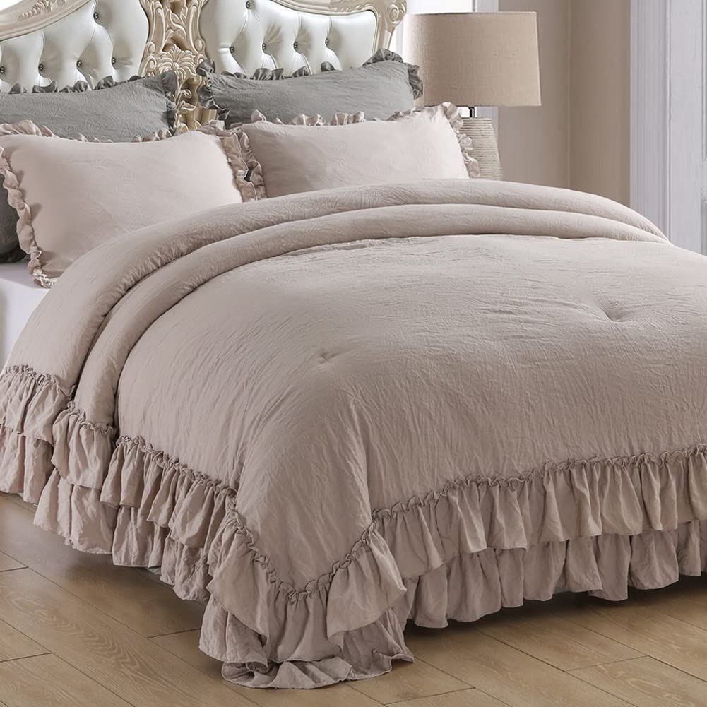 Masaca Shabby Ruffled King Comforter Set,Farmhouse Taupe Bedding Comforter Lightweight Ultra Soft Vintage Rustic Microfiber Bedd