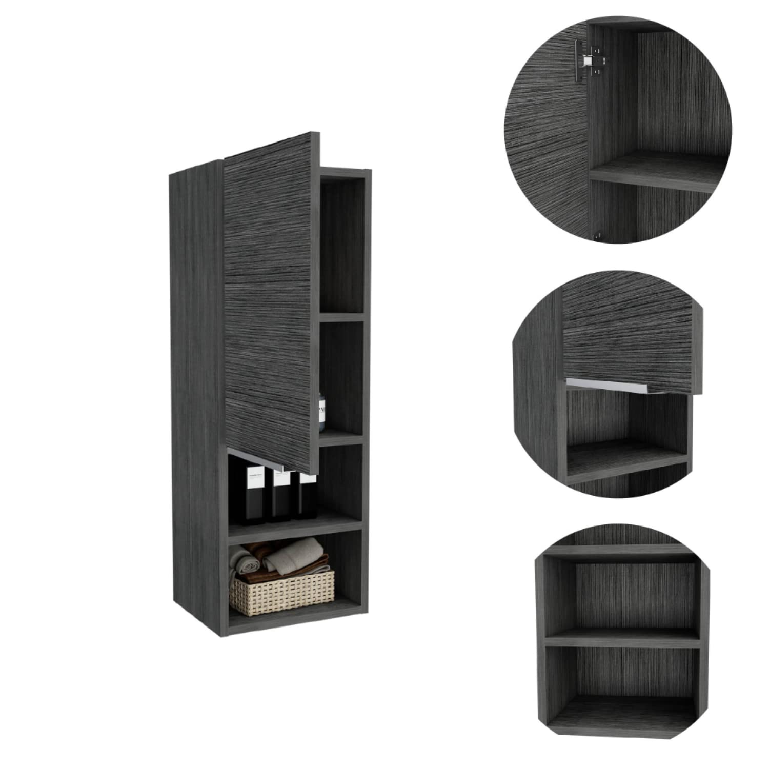 Medicine 32H Single Door Cabinet, 2 External Shelves, 2 Interior Shelves, Smokey Oak