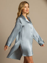 [Grayish Blue] SilkSilky  Long Sleeve Lapel Collar Nightshirt 006