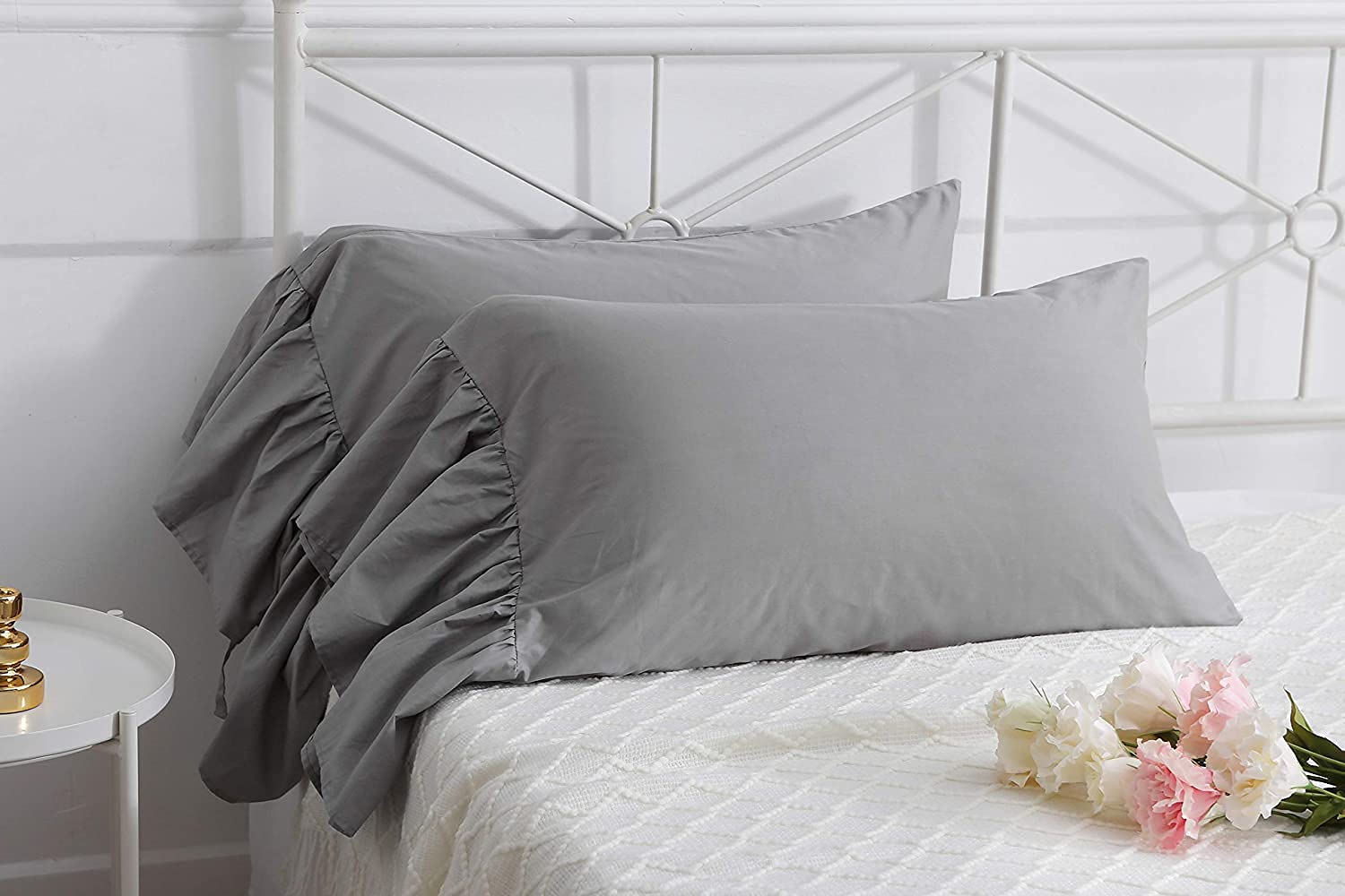 Gray Pillow Shams With Long Ruffles Fishtail Grey Pillow Covers Pillowcases Egypt Cotton King Size 20'X36'Soft 2Pcs Boudoir