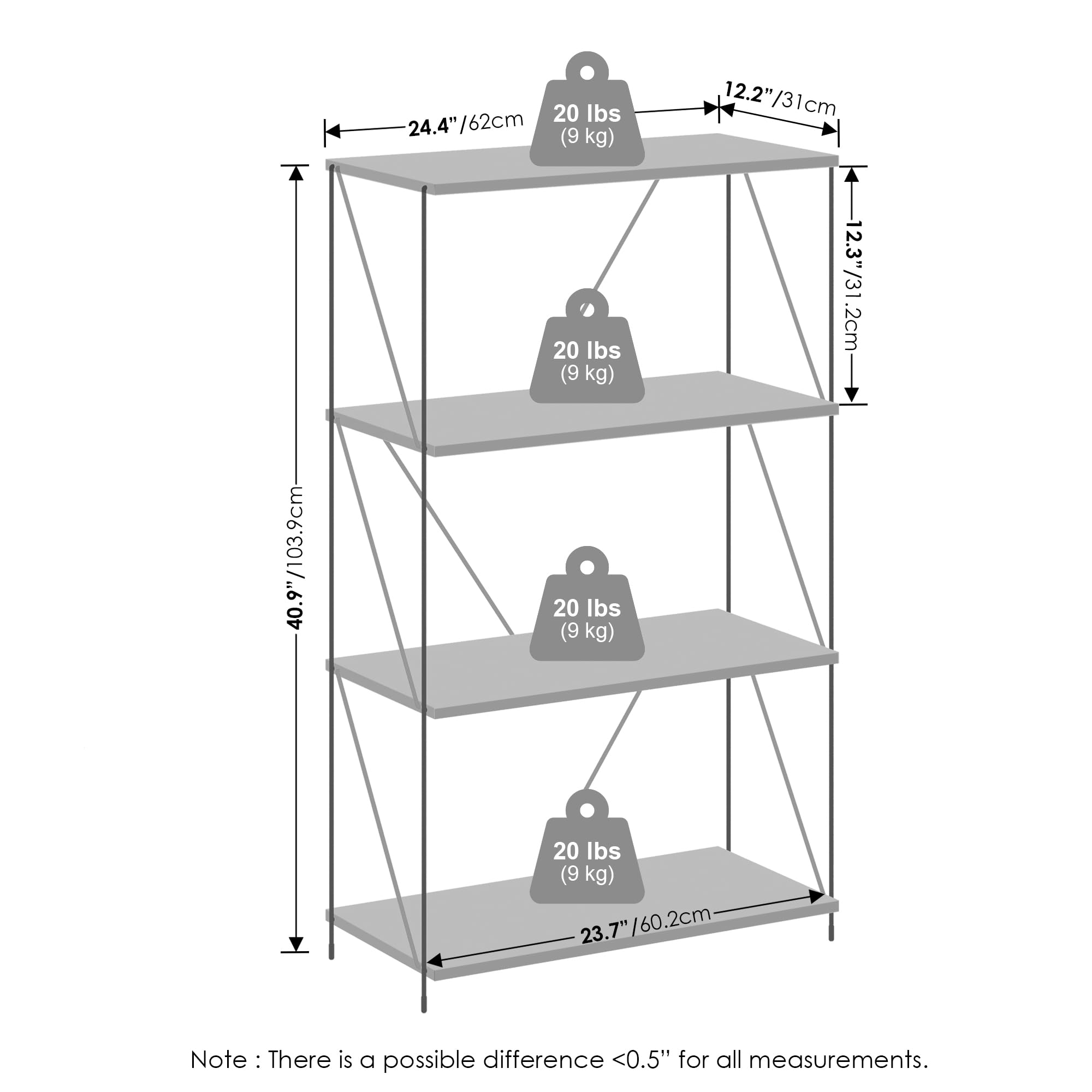 Furinno Wire 4-Tier Industrial Style Metal Frame Bookcase, Display Shelf, 24 Wide, Finn Oak