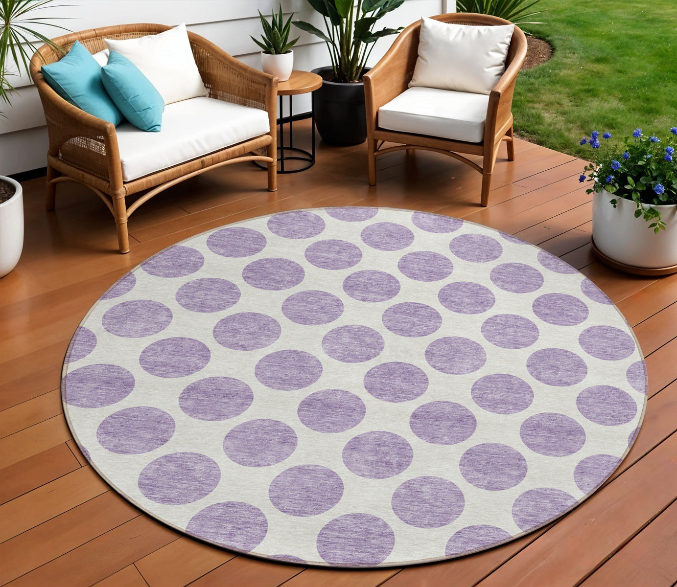 8 Lavender And Ivory Round Polka Dot Washable Indoor Outdoor Area Rug