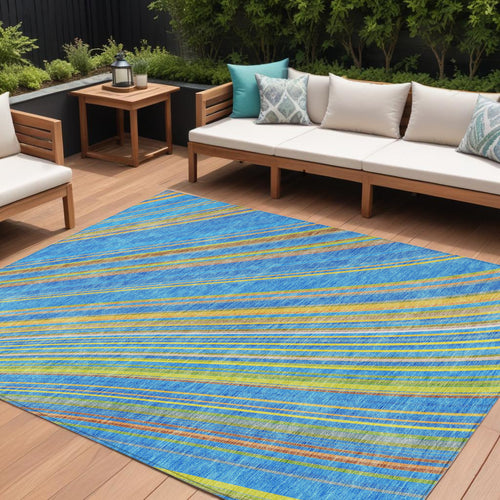 10 X 14 Denim Blue Sky Blue And Gold Striped Washable Indoor Outdoor Area Rug