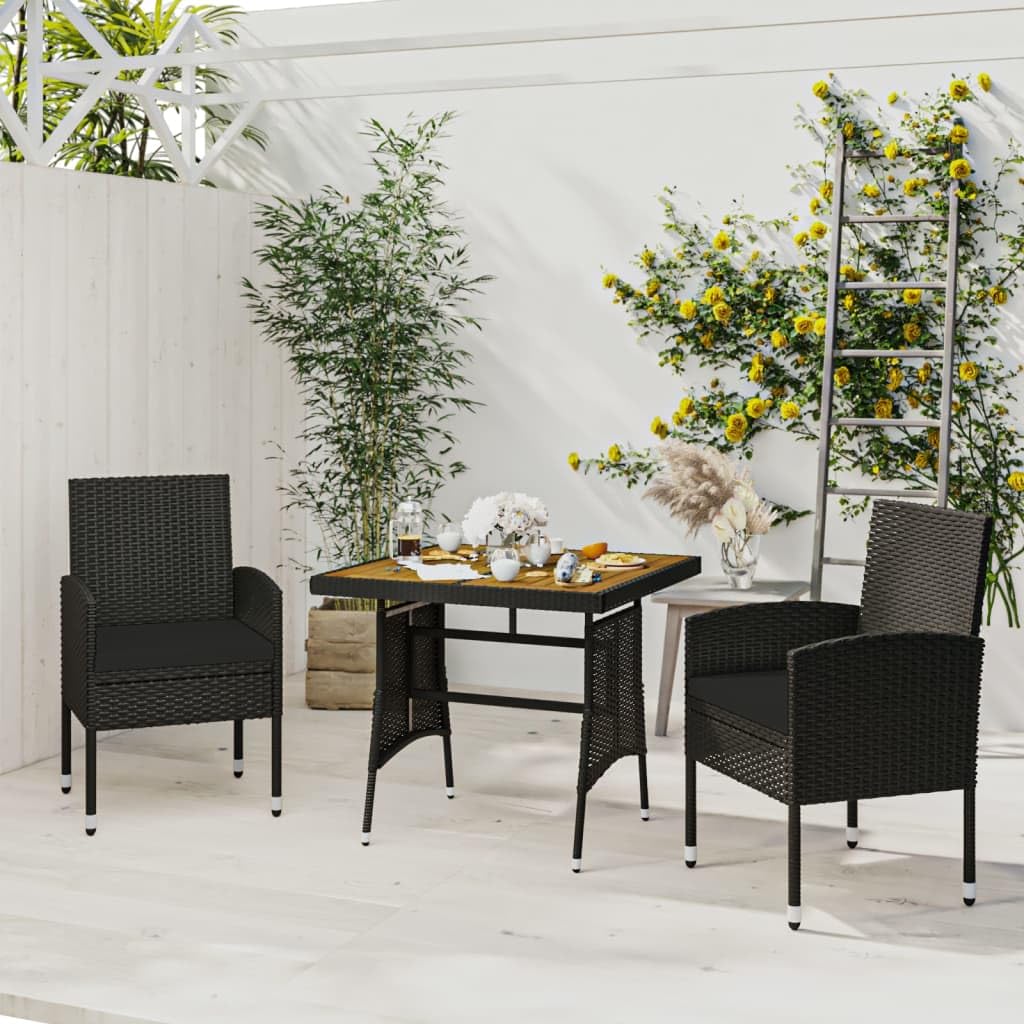 vidaXL 3-Piece Patio Dining Set for 2 - Outdoor Table & Chairs, Poly Rattan Black, Farmhouse Style for Garden & Backyard