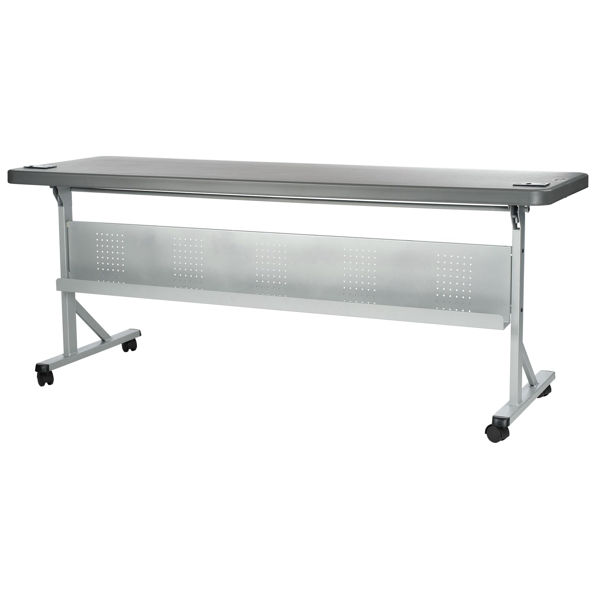 National Public Seating 24" x 72" Flip-N-Store Portable Lightweight Rolling Conference Training Table with 2 Grommet Holes - Charcoal Slate