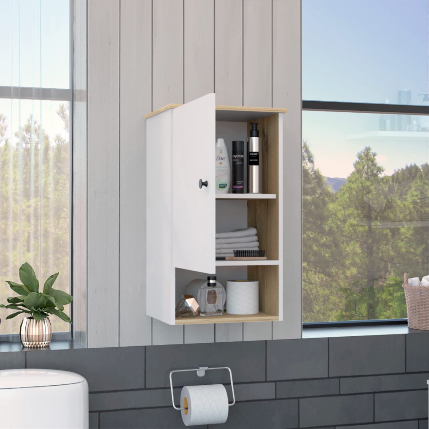 Medicine 28H Single Door Cabinet, 1 Shelf, 2 Interior Shelves, Light Oak/White
