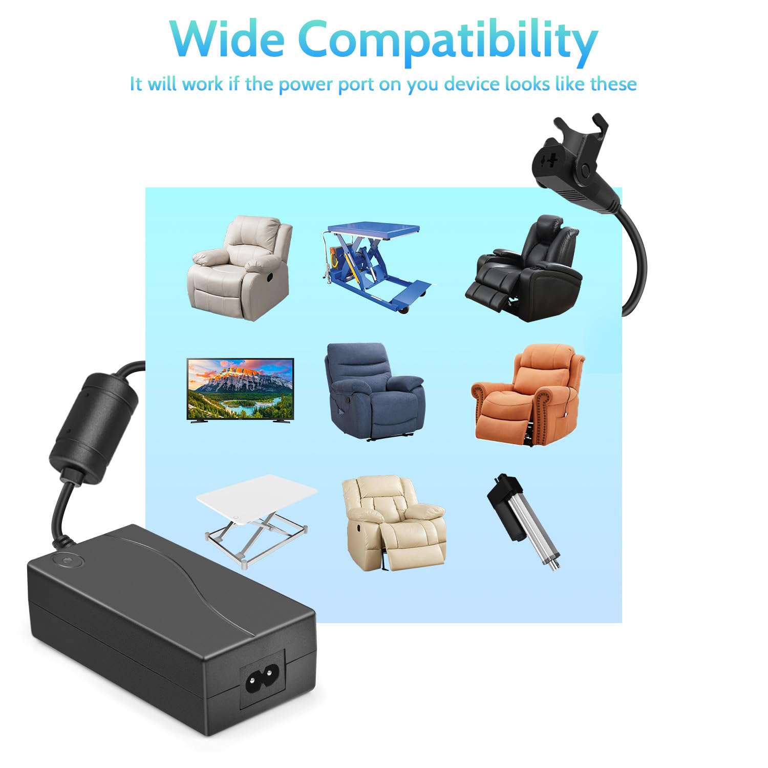 Sopito Power Recliner Power Supply Adapter Kit, 29V 2A Transformer, Black Plastic, 6.6ft Extension Cord
