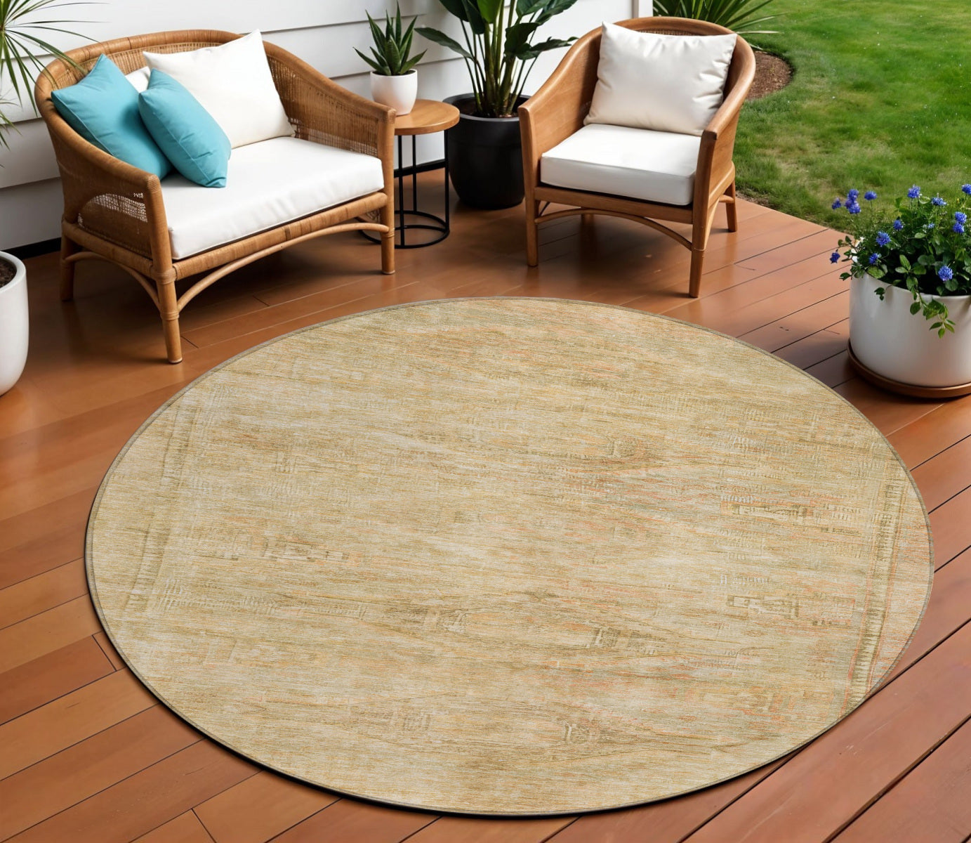 8 Linen And Wheat Round Aztec Washable Indoor Outdoor Area Rug