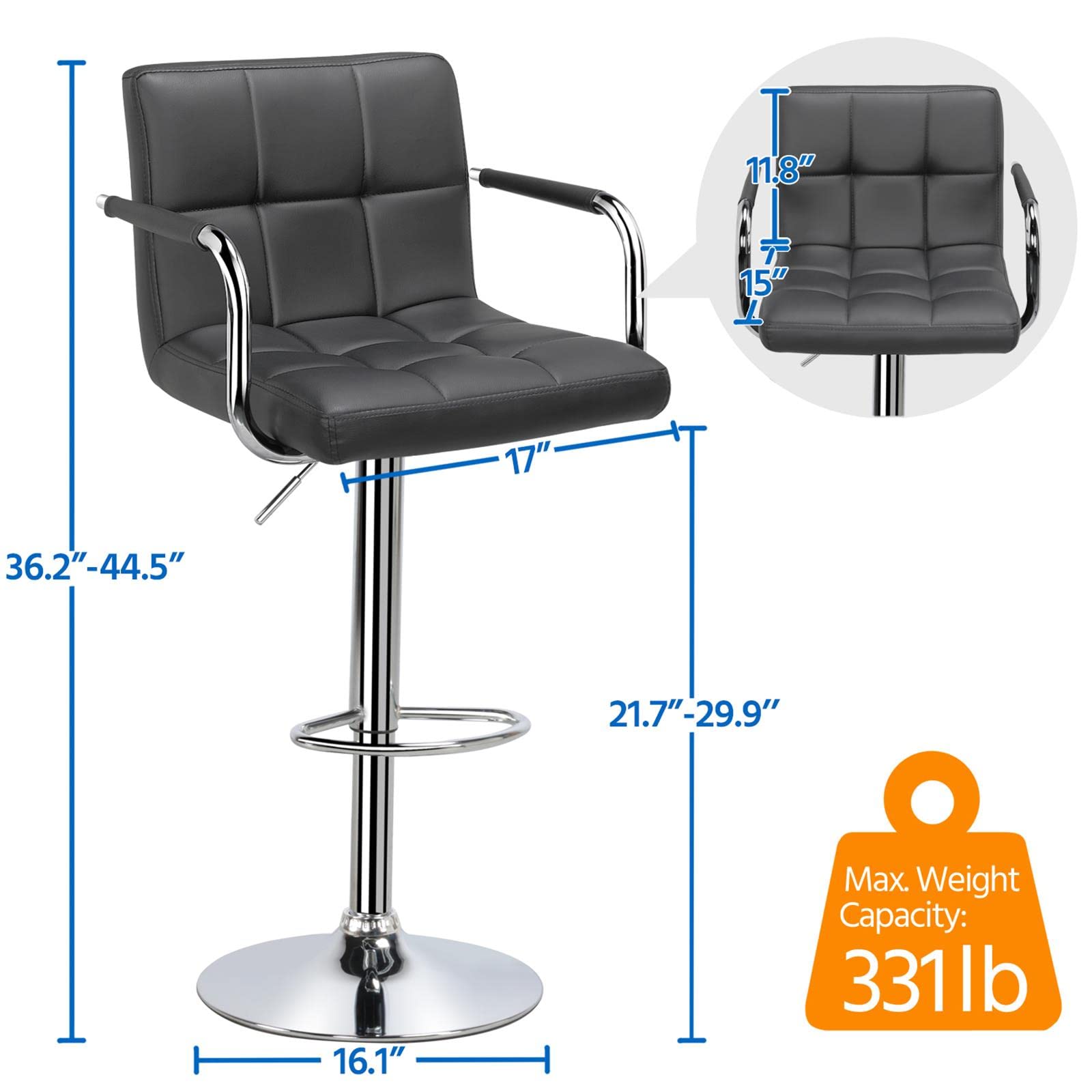 Yaheetech Bar Stools, Adjustable Pu Leather Swivel Barstools, Modern Counter Stools With Back And Footrest, Counter Height Barstools For Bar, Kitchen, Dining Room, Set Of 2, Grey