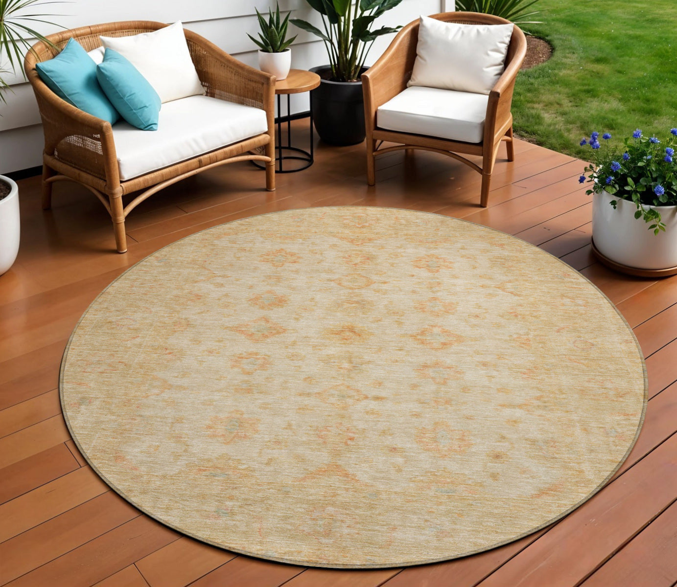 8 Beige And Rust Round Floral Medallion Washable Indoor Outdoor Area Rug