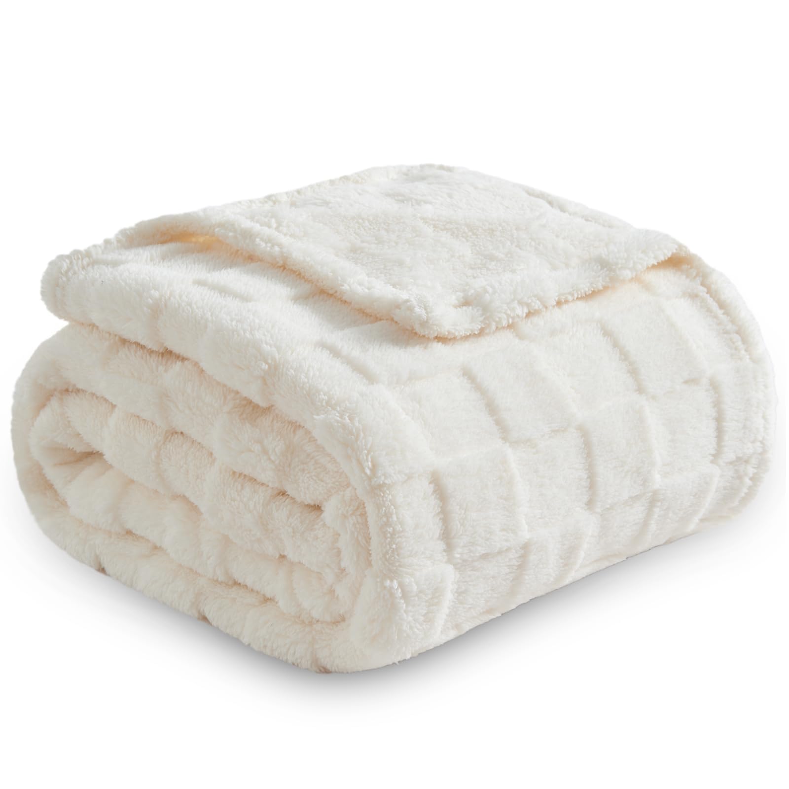 Newcosplay Super Soft Throw Blanket Ivory Premium Silky Flannel Fleece 3D Checkered Lightweight Bed Blanket All Season Use (Ivor