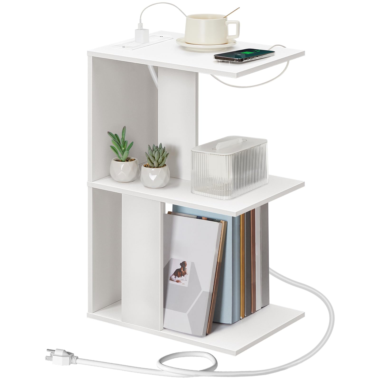 MAHANCRIS End Table with Charging Station, Narrow Side Table for Small Spaces with USB Ports and Outlets, Bedside Nightstand wit
