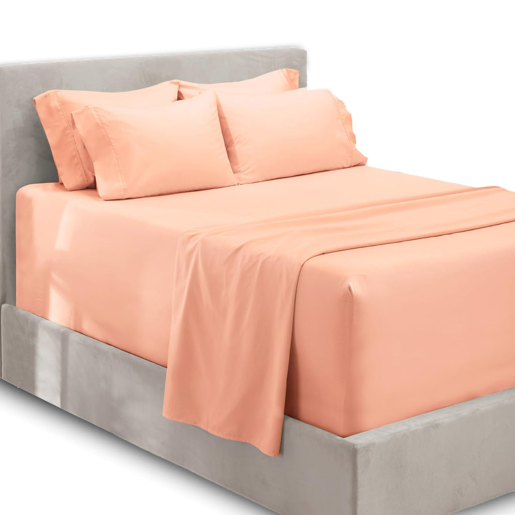 Hearth & Harbor 6Pc King Size Bed Linen Set - Extra Deep Pocket, Microfiber, Peach - Includes 4 Pillowcases, 1 Fitted, 1 Flat Sh