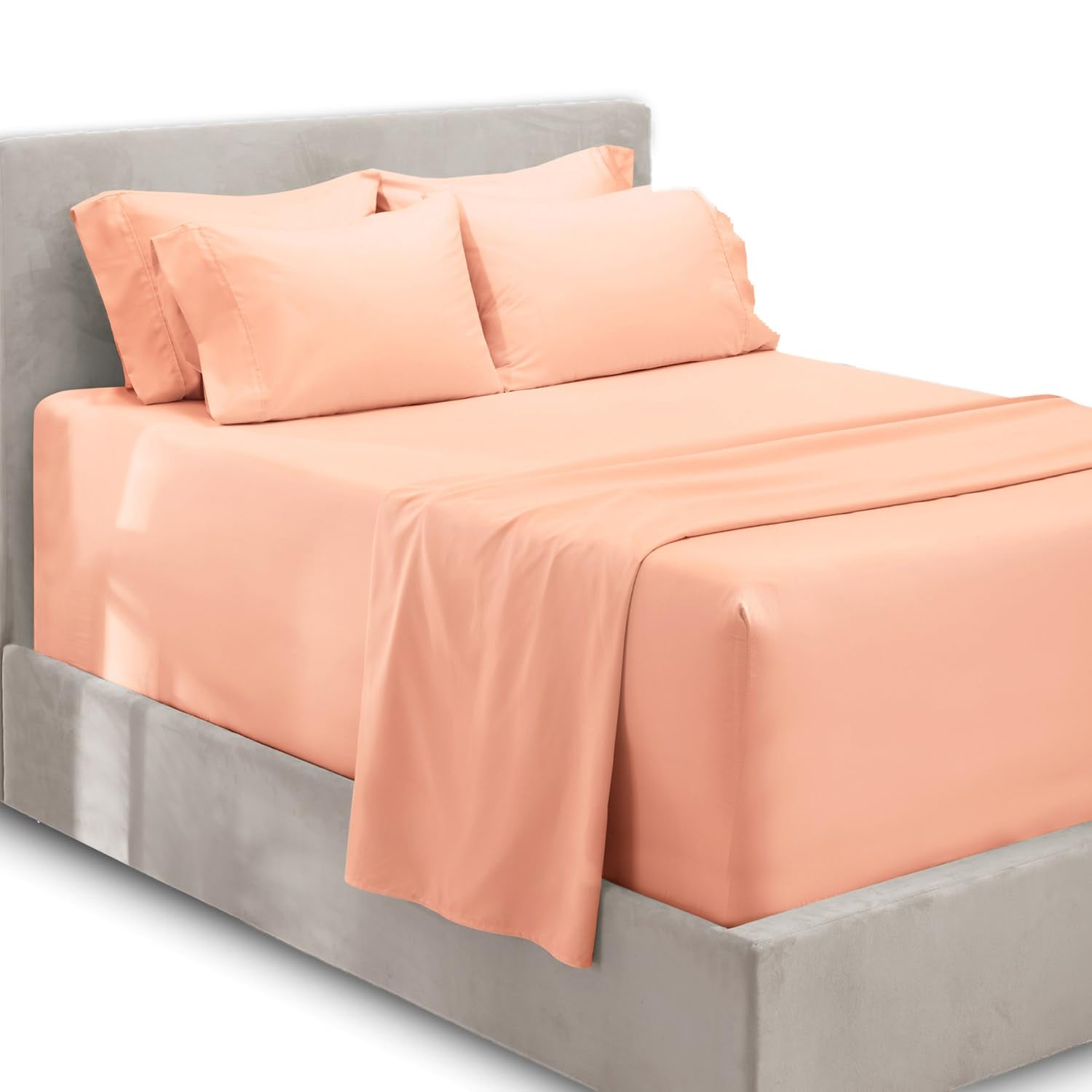Hearth & Harbor 6Pc King Size Bed Linen Set - Extra Deep Pocket, Microfiber, Peach - Includes 4 Pillowcases, 1 Fitted, 1 Flat Sh