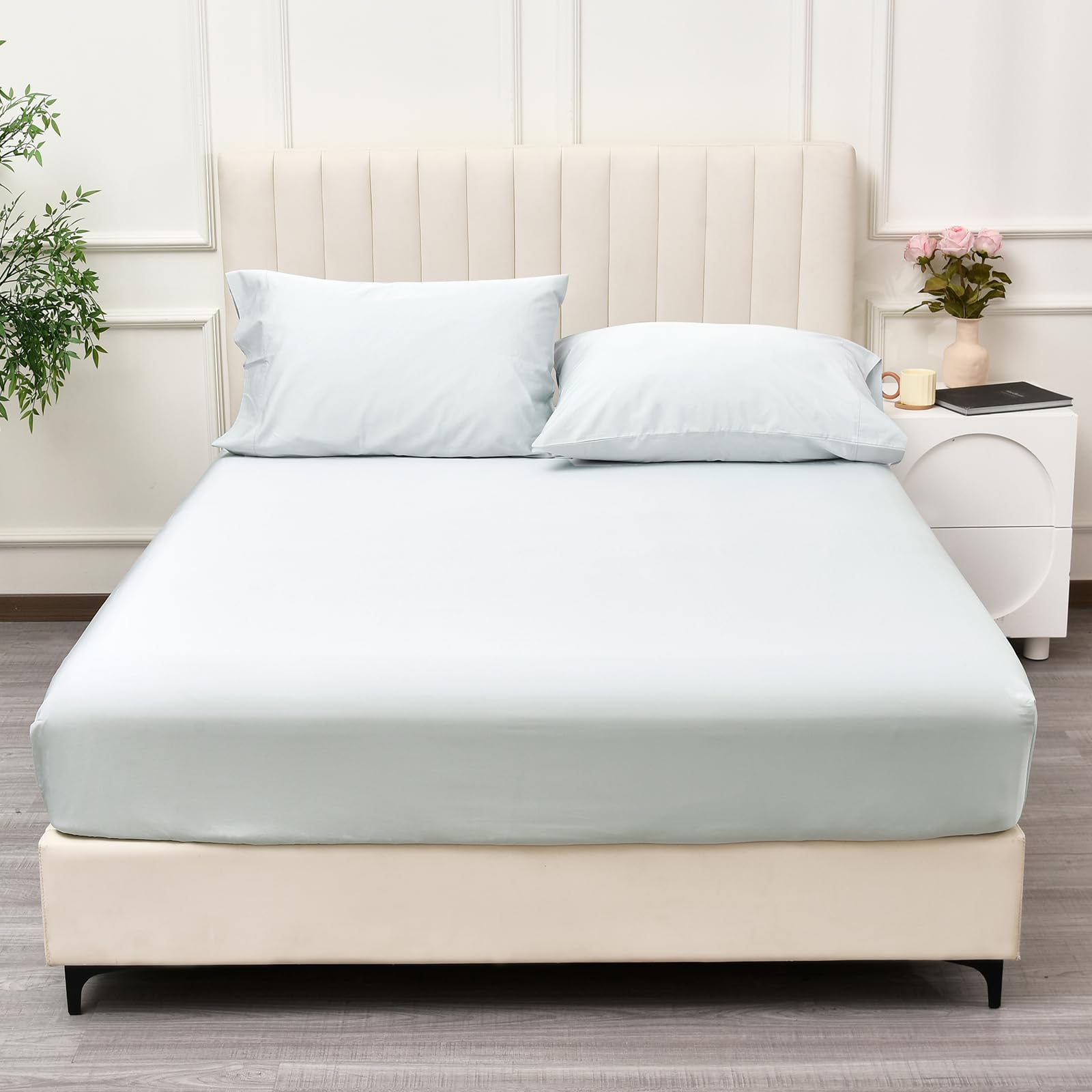 PHF 100% Rayon Derived from Bamboo Cooling Fitted Sheet Queen Size for Hot Sleeper, 16'' Deep Pocket, 2.5cm Wider Strong Elastic