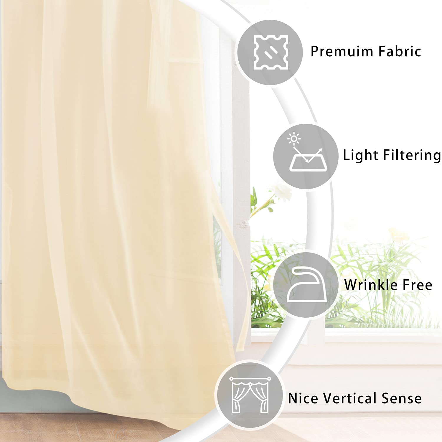 Hiasan Taupe Sheer Curtains 84 Inches Long With Tiebacks, Grommet Light Filtering Semi Transparent Voile Drapes Grommet Window Curtains For Living Room, Bedroom, W42 X L84, Set Of 2 Panels