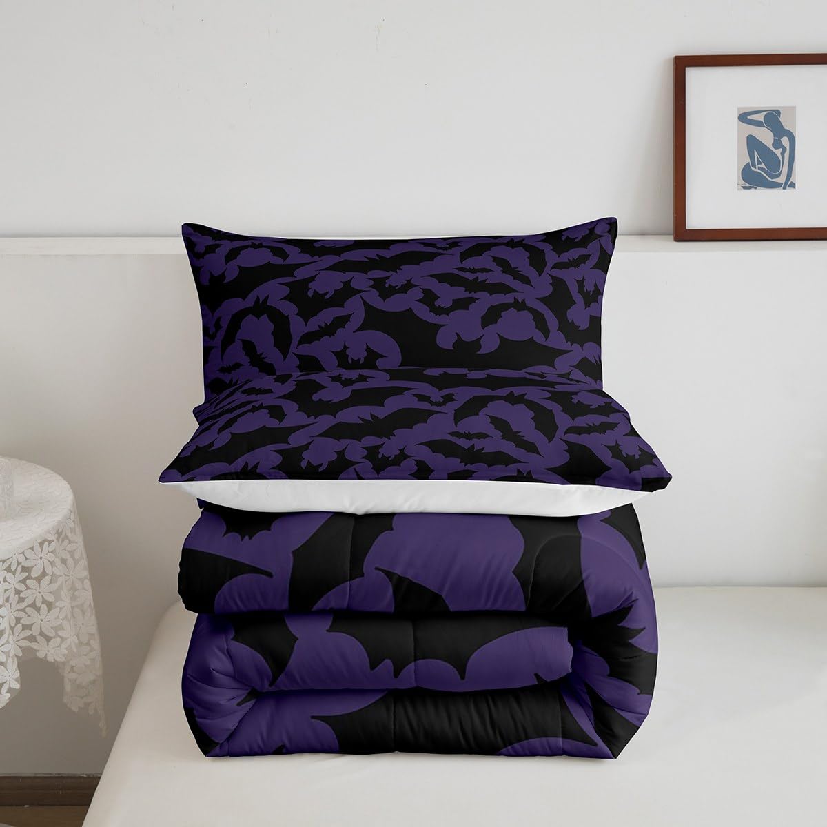 Castle Fairy Halloween Themed Comforter Set Full Size,Black Bats Animal Print Bedding Comforters Room Decor,Dark Purple Color Qu