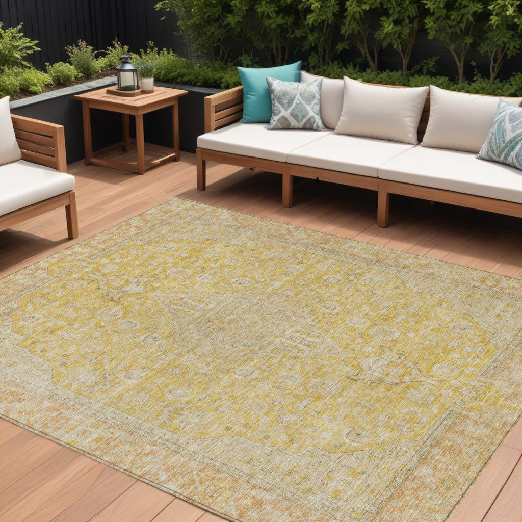 9 X 12 Wheat And Gold Medallion Washable Indoor Outdoor Area Rug
