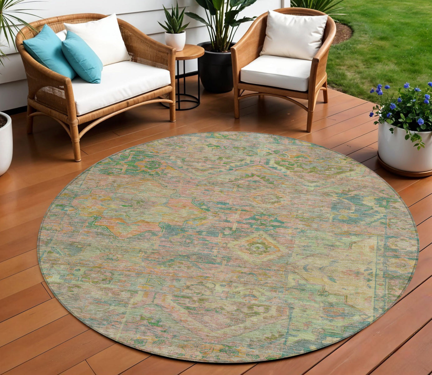 8 Green Teal Blue And Mauve Round Floral Medallion Washable Indoor Outdoor Area Rug