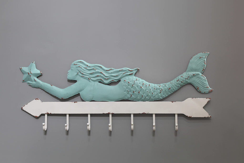 Creative Co-Op Mermaid Wall Décor with 7 Hooks, 16 Inch Long, Aqua & White, Model DA3625