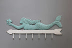 Creative Co-Op Mermaid Wall Décor with 7 Hooks, 16 Inch Long, Aqua & White, Model DA3625