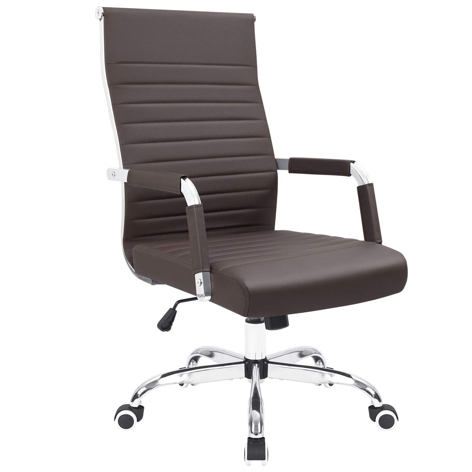 Kaimeng Ribbed Office Desk Mid Back Computer Chair Height Adjustable Conference Executive Task Swivel Pu Leather (Brown)