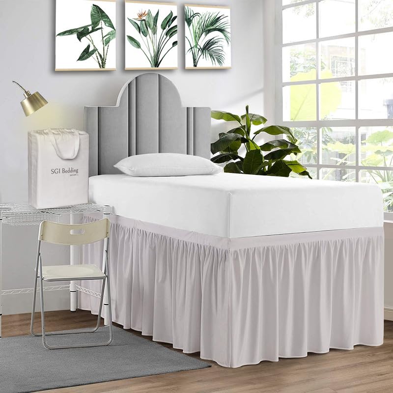Sgi Bedding Dorm Bed Skirt Twin Xl 36 Inch Drop Length - Light Grey, Ruffled Pattern College Dorm Room Bed Skirts - Split Corner