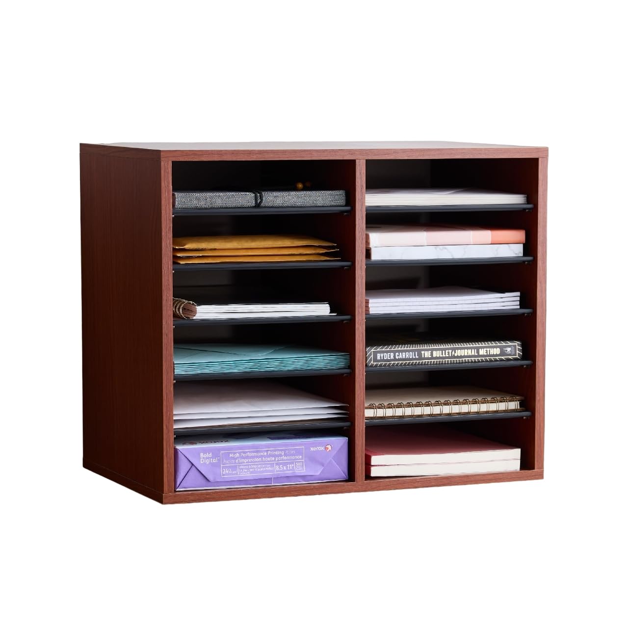 Safco Wooden Paper And Mail Organizer For Home Office And Classroom, Adjustable Shelves And Stackable, 12 Compartments, Cherry