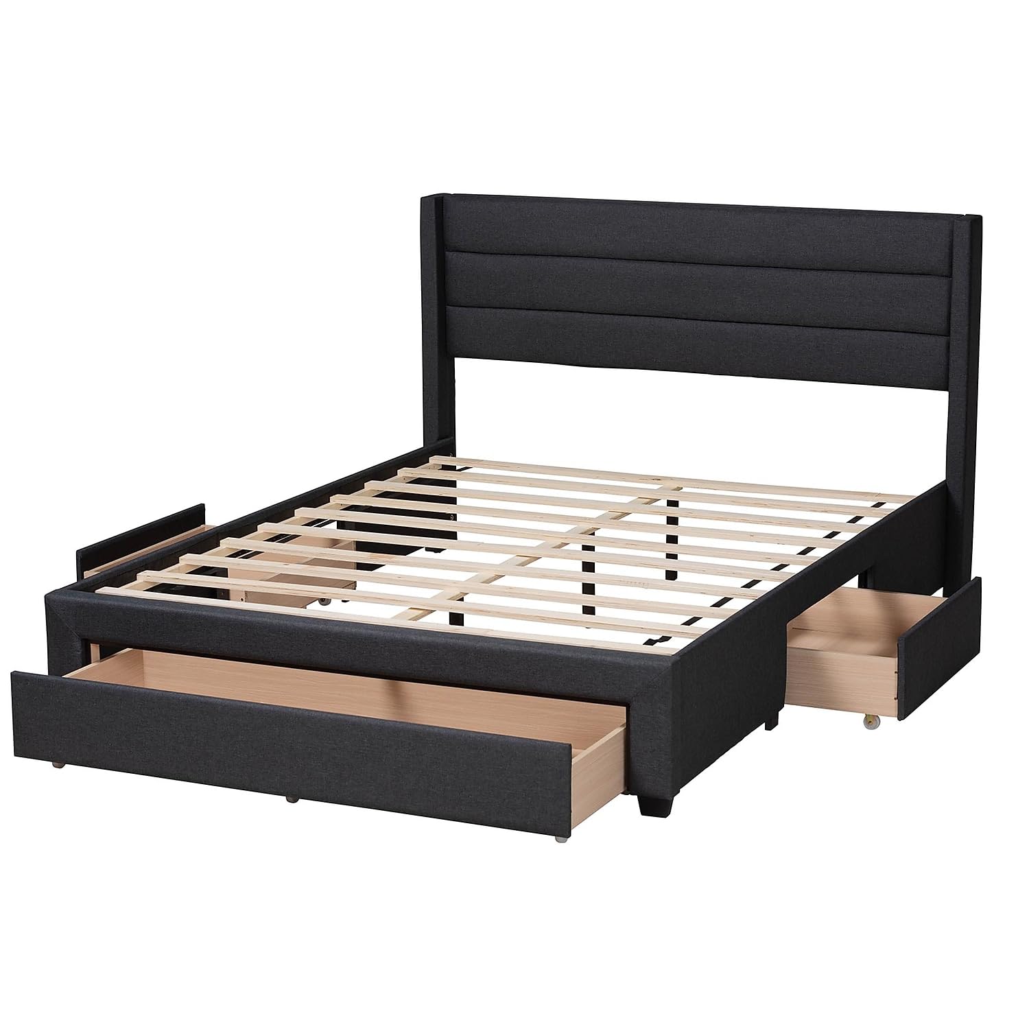 Baxton Studio Braylon Mid-Century Modern Transitional Charcoal Grey Fabric and Dark Brown Finished Wood Full Size 3-Drawer Storage Platform Bed