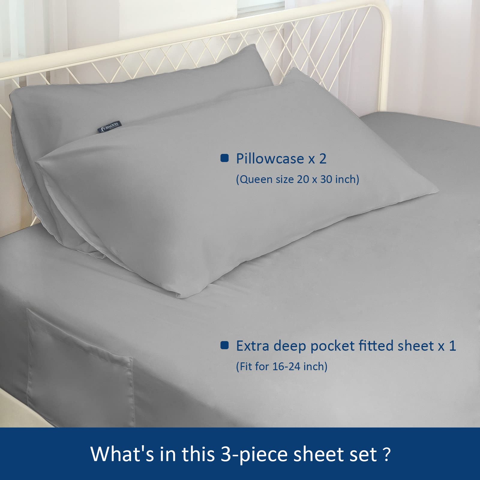 Deep Pocket Twin Sheets Set For Kids Air Mattress - Extra Deep Pocket Twin Sheet Sets - 3Pcs Side Storage Pocket Fitted Sheet & Pillowcases Easily Fits 16In To 24In Pillow Top Bed Mattress(Grey)