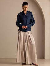 [Dark Blue] SilkSilky  Long Sleeve Split Women's Blouse 006