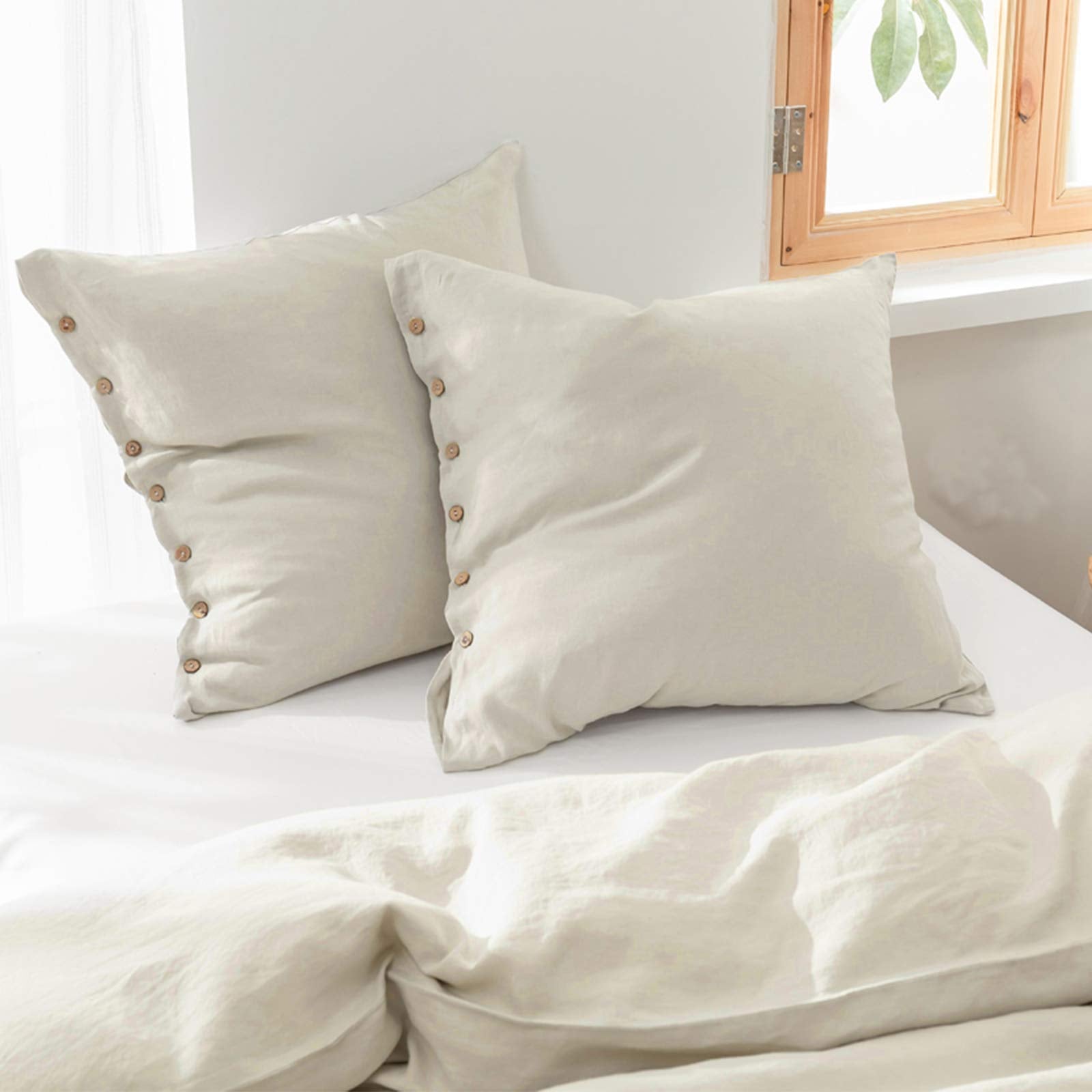 Simple&Opulence 100% Washed Linen Euro Sham Cover, 26 X 26 Inch, Decorative Bed Pillow Cover With Coconut Button, Solid Color Pi
