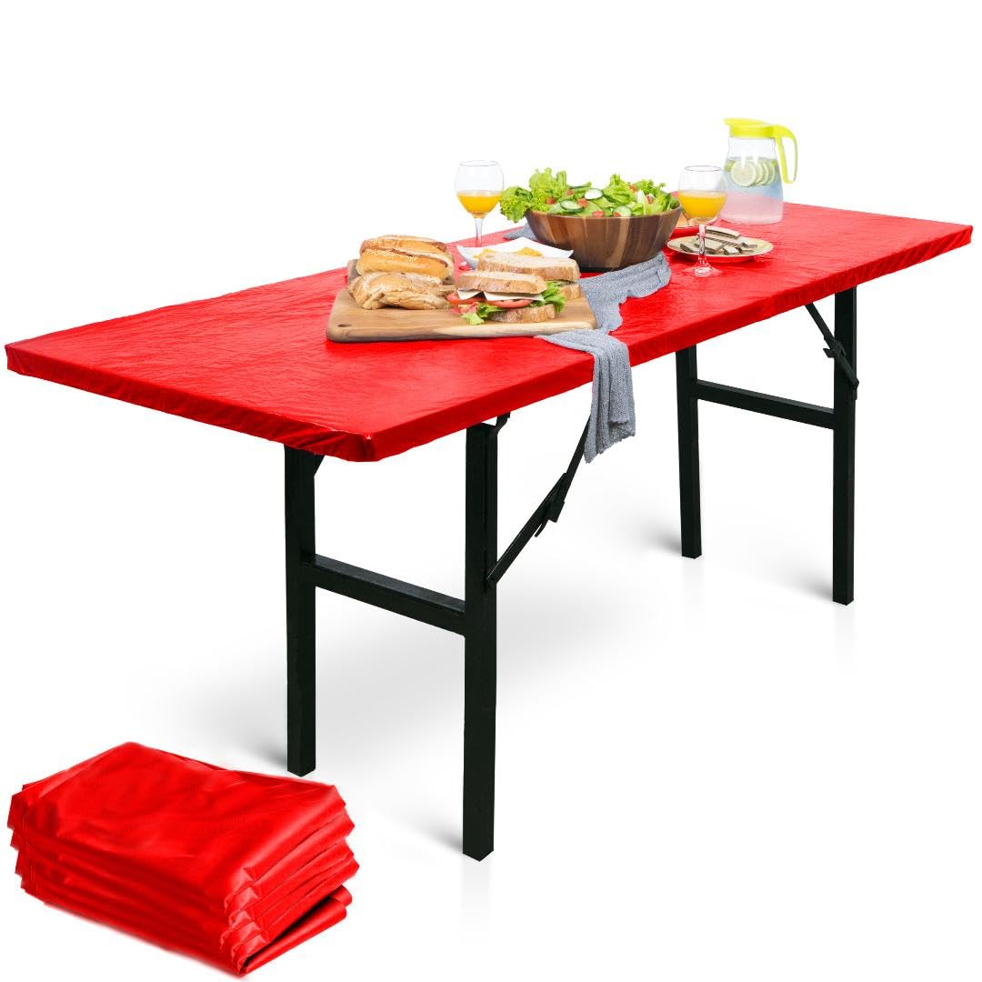 Linpro 5Pk Plastic Table Cloths Disposable For Parties 8Ft Picnic Table Covers With Elastic Fitted Camping Tablecloth Elastic Table Cover Rectangle Red Tablecloth Waterproof Outdoor & Folding Tables