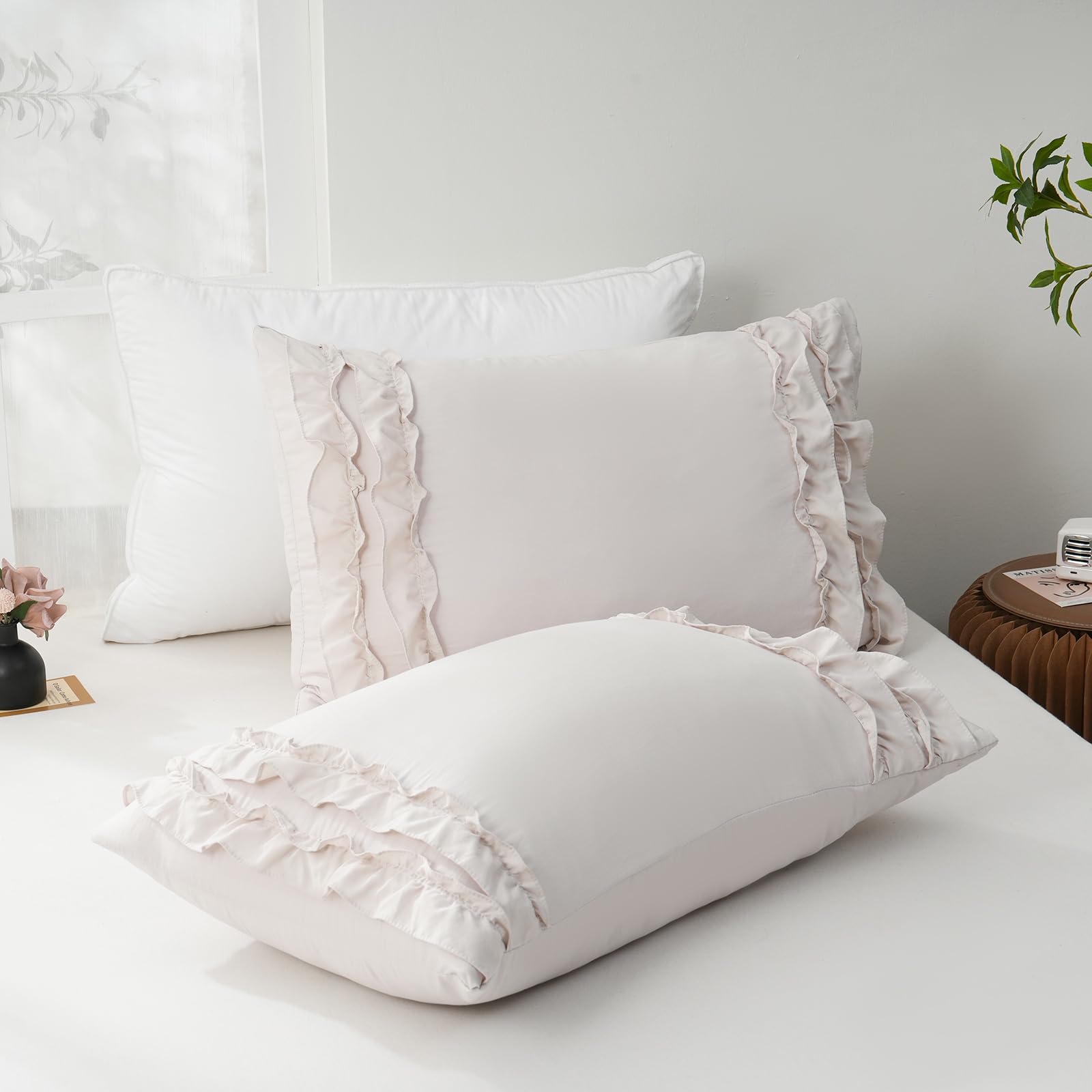 Herside Queen Size Pillowcases Set Of 2,Chic Ruffle Pillow Shams,20X30 Inches Beige Pillow Covers,French Country Vintage Ruffled