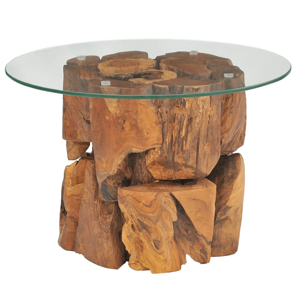 vidaXL Handmade Coffee Table with Solid Teak Driftwood Base and Tempered Glass Top - 23.6" Round Side Table Perfect for Living Room