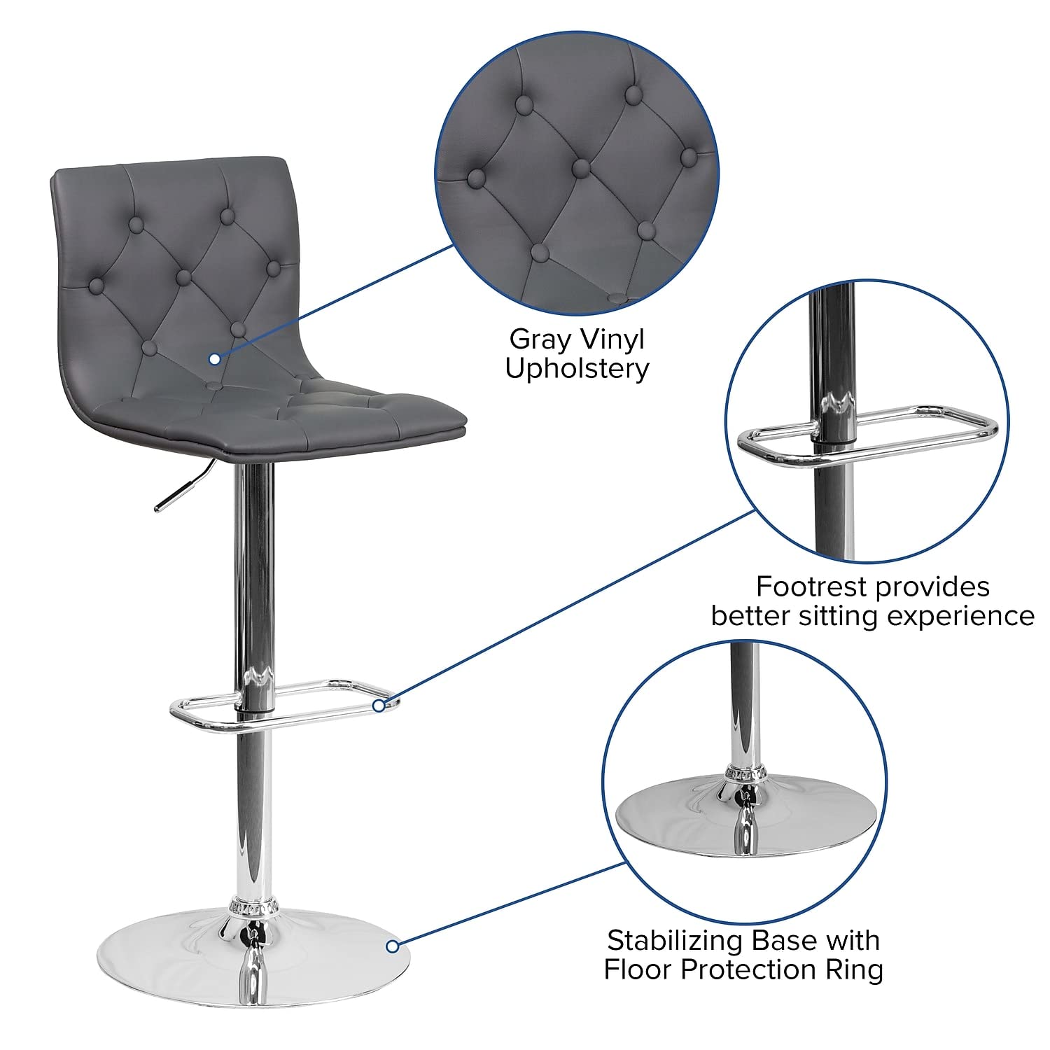 Flash Furniture Contemporary Button Tufted Gray Vinyl Adjustable Height Barstool With Chrome Base