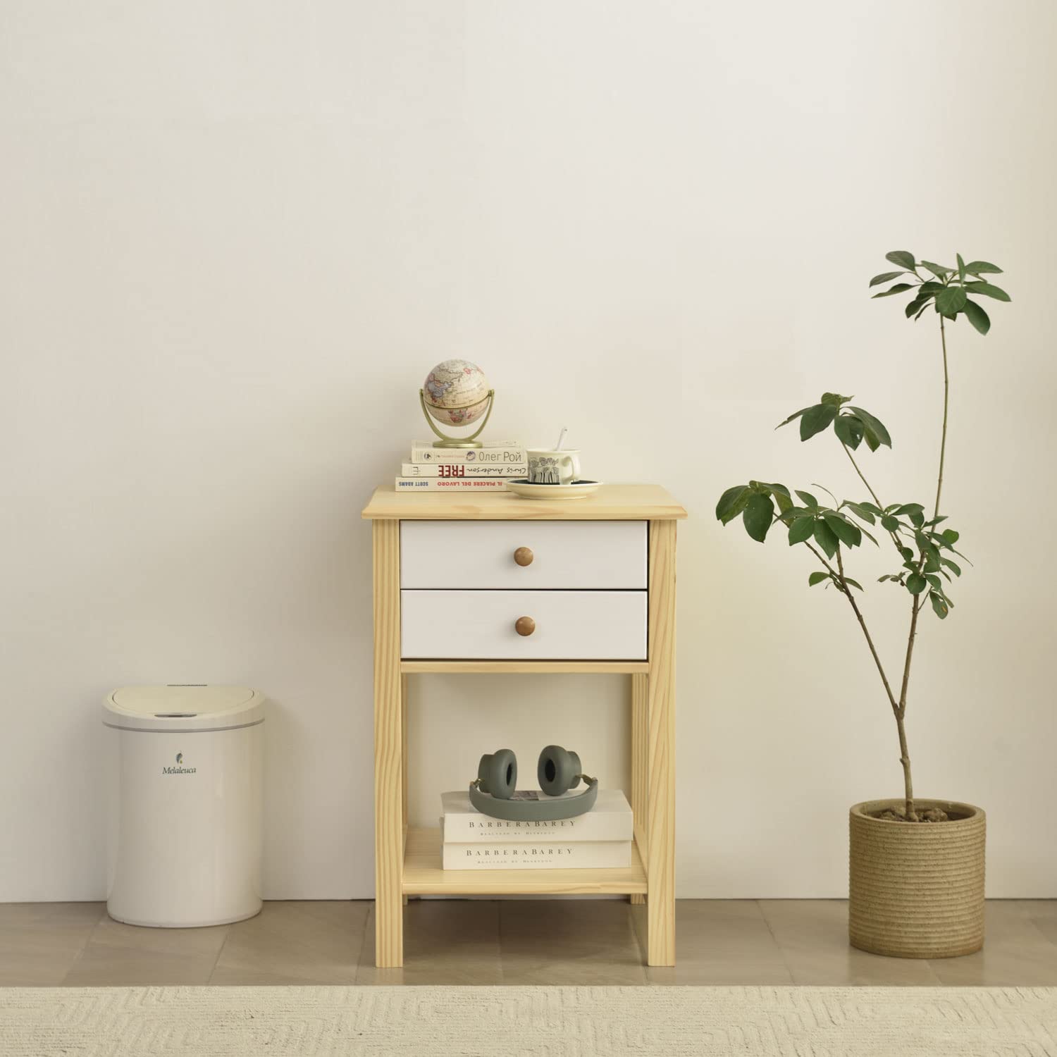 Better Home Products Solid Pine Wood 2 Drawer Nightstand in White & Natural