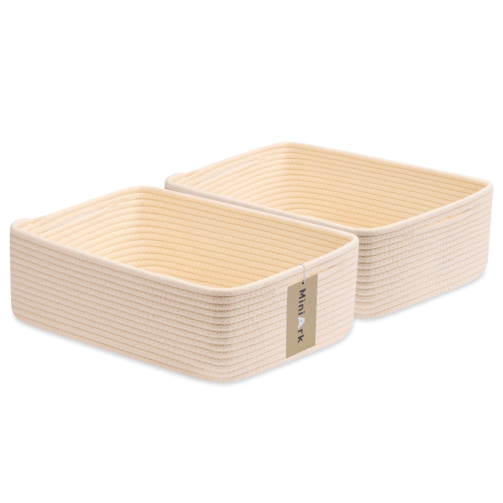 MiniArk Large Shallow Organizing Baskets 15x11x5.1 Inches - Rope Woven Storage Bins for Bathroom, Shelves, Cube Closet, White Mi