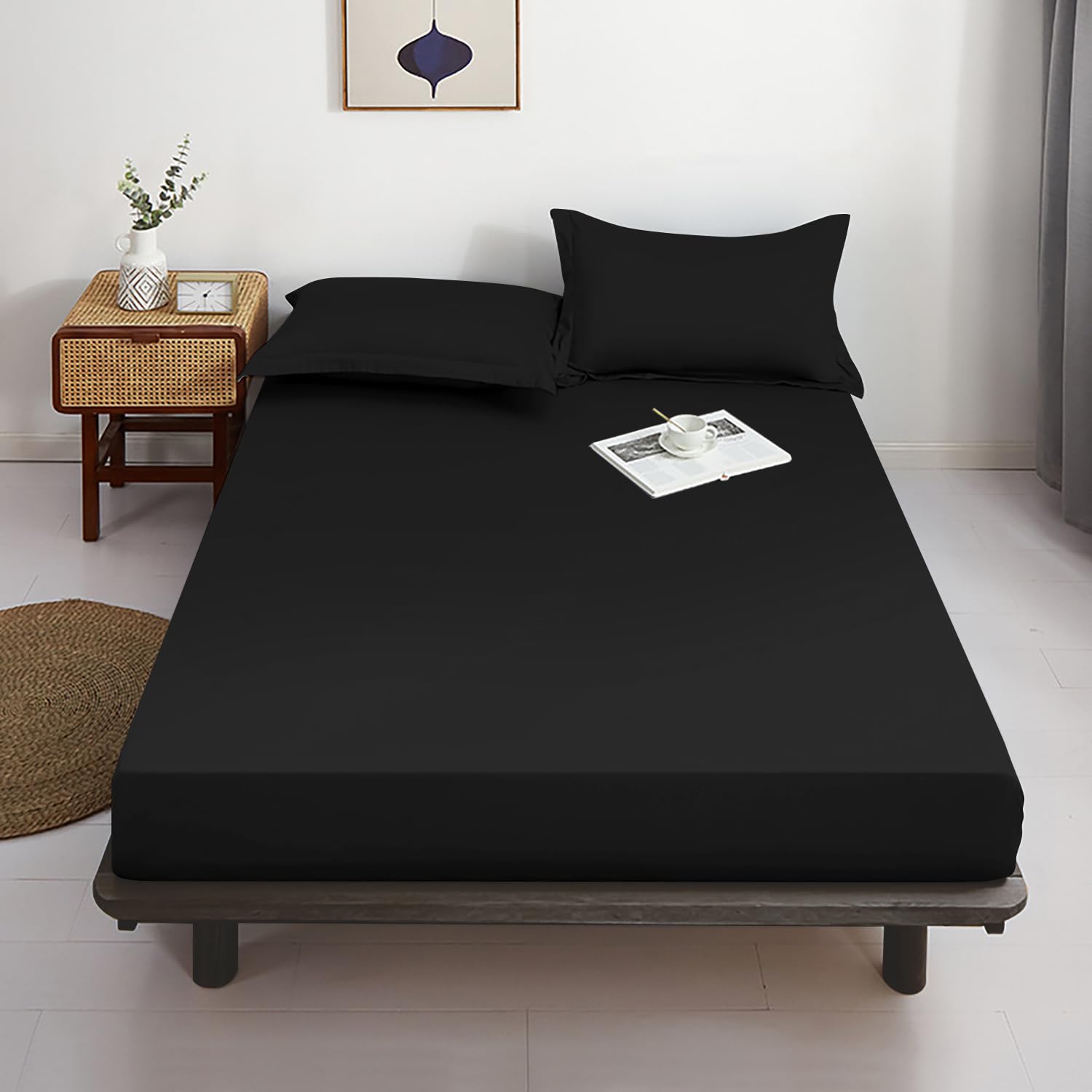Lirex Fitted Sheet, Full Size 100% Egyptian Cotton 300 Thread Count Soft Breathable Fitted Sheet, 135X190Cm, Black