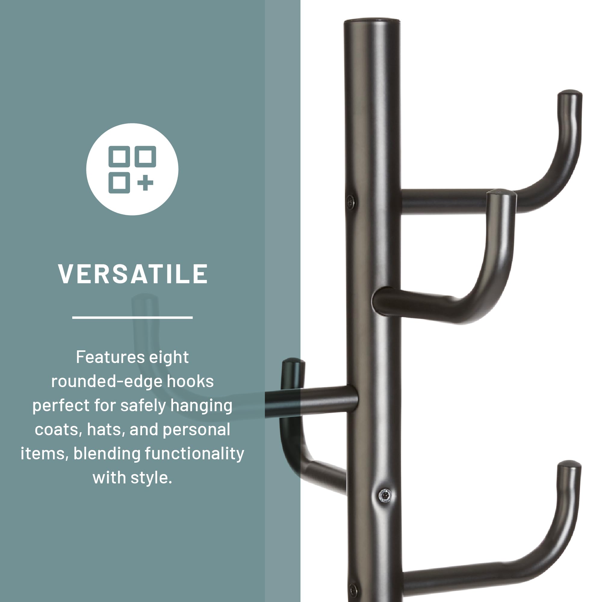 Safco Hook Head Coat Rack, Freestanding Hat And Jacket Hanger With 8 Rounded Edge Hooks, Durable Black Powder Coat Finish
