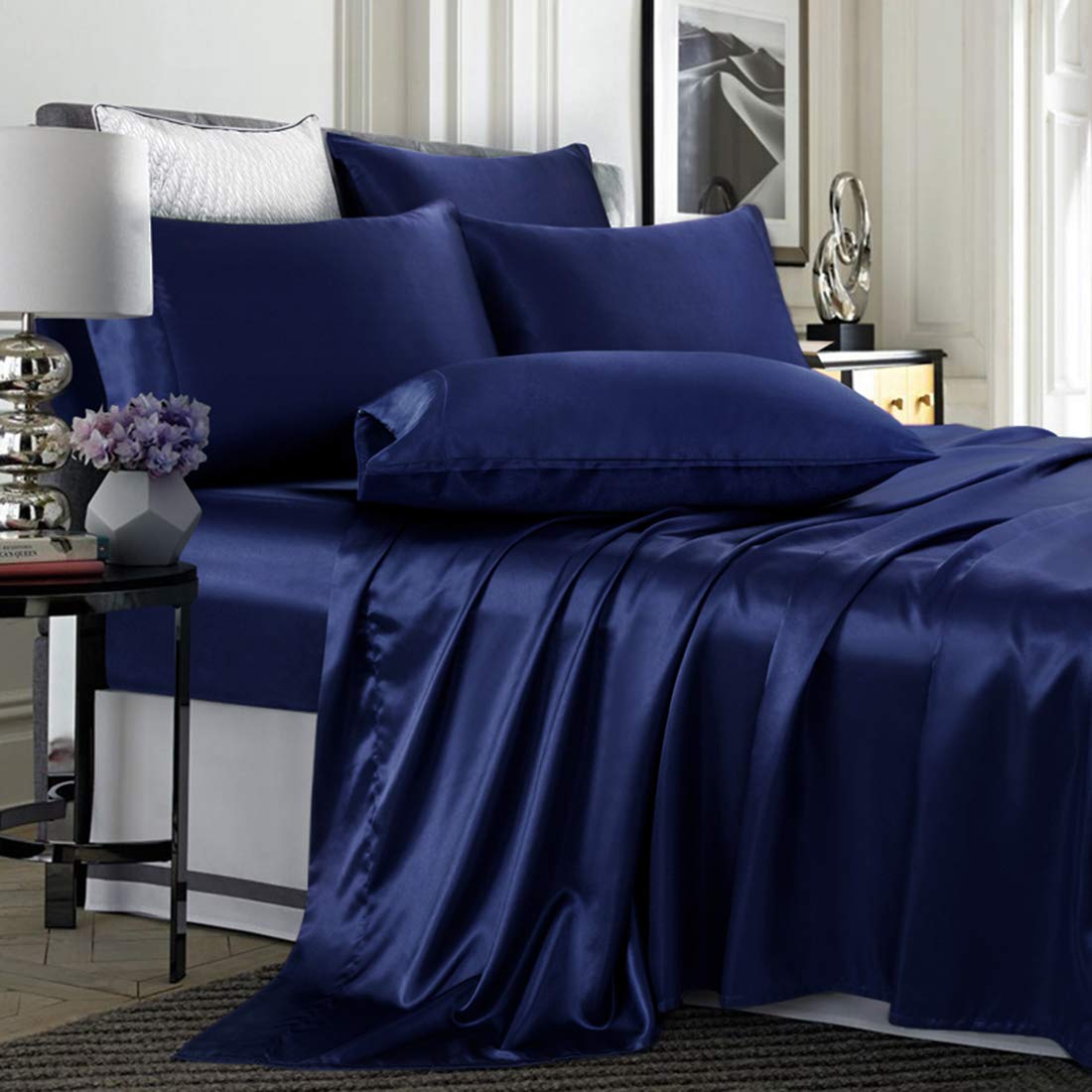 Treely 6 Piece Satin Sheets Full Size Silky Smooth Navy Blue Satin Sheet Set With Deep Pocket, Satin Fitted Sheet, Flat Sheet, 4