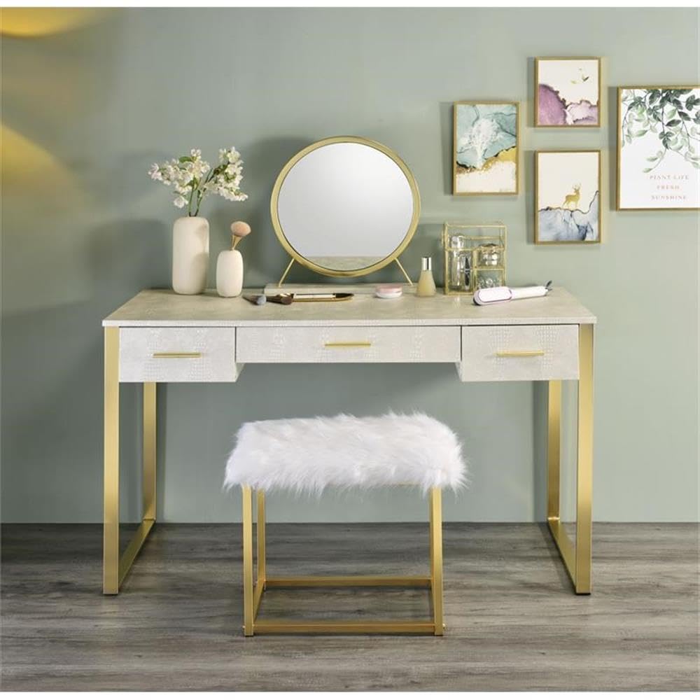 Acme Myles Vanity Set with USB Port in Antique White and Champagne Metal